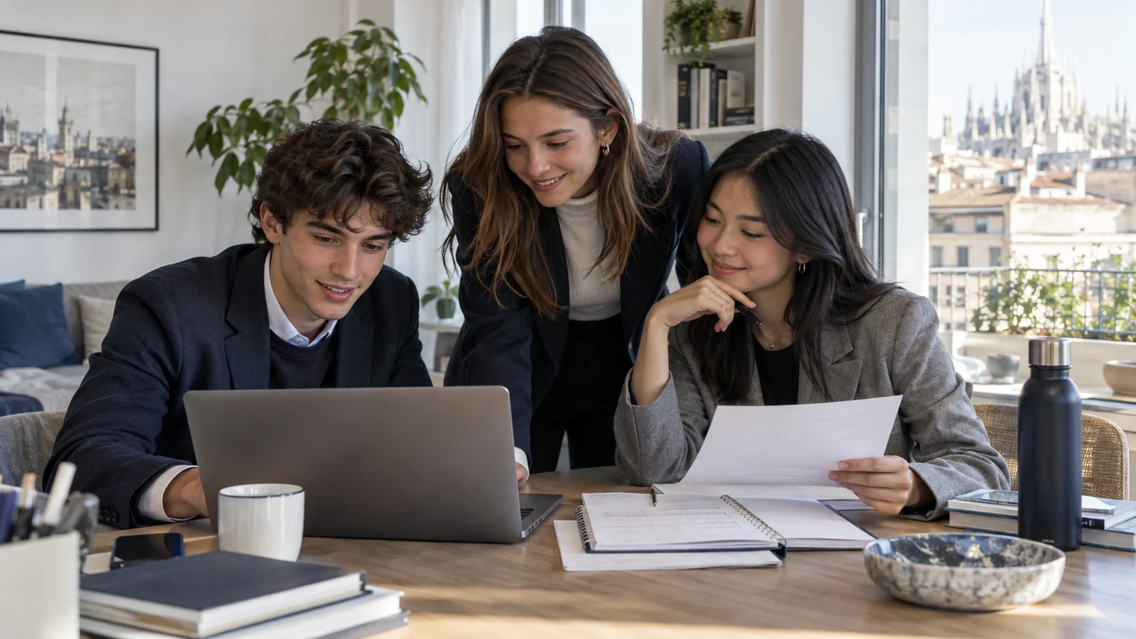 Drei elegant gekleidete Studieninteressierte besprechen gemeinsam Bocconi-Testergebnis und Einschreibungsschritte.