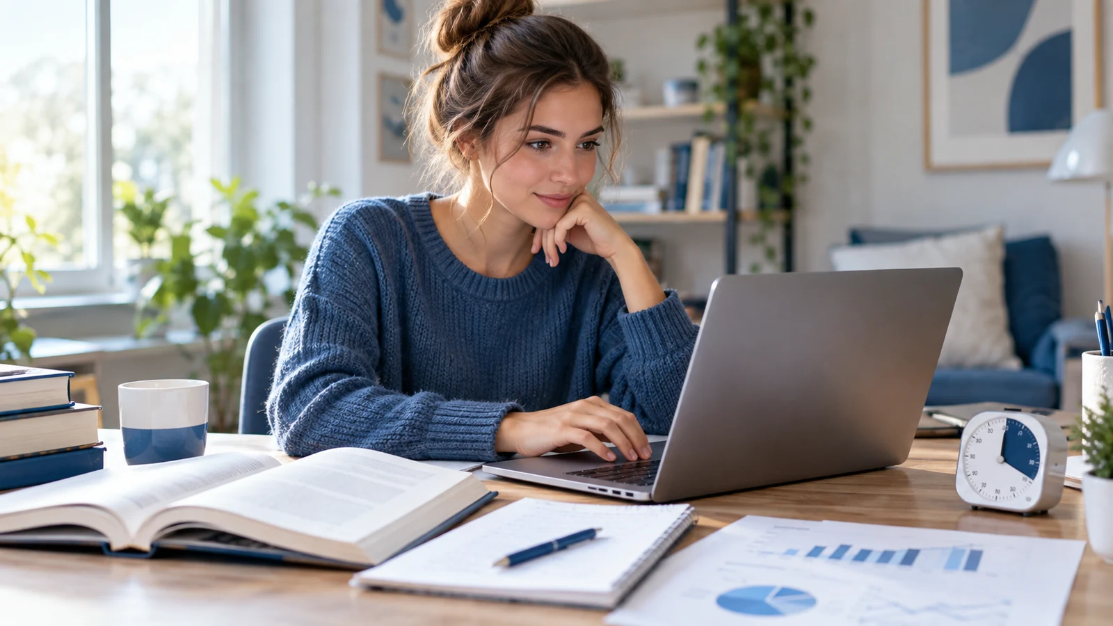 Graduate applicant works through reading, chart and quantitative practice under timed conditions.