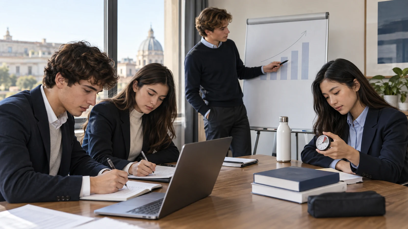 Vier schick gekleidete Studieninteressierte trainieren gemeinsam unter Zeitdruck für den Bocconi Online Test.