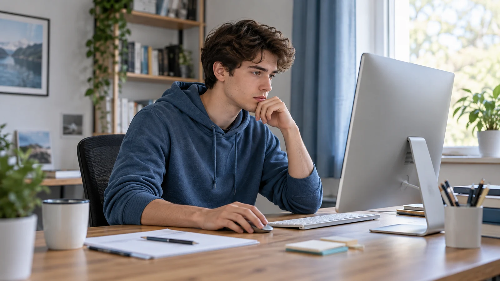 Studierende Person löst konzentriert logische Aufgaben an einem Desktoprechner, Notizzettel ohne lesbaren Text daneben; symbolische, nicht dokumentarische Darstellung.