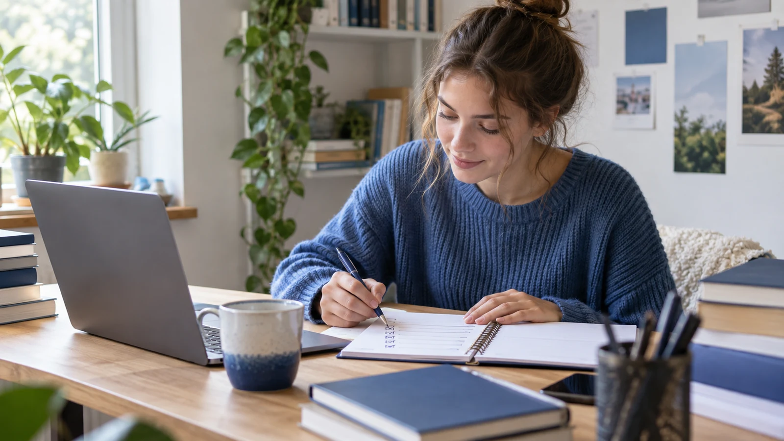 Junge Person markiert Fortschritt auf einem Lernplan neben Laptop und Büchern, wohnliche Lernumgebung; symbolische, nicht dokumentarische Darstellung.