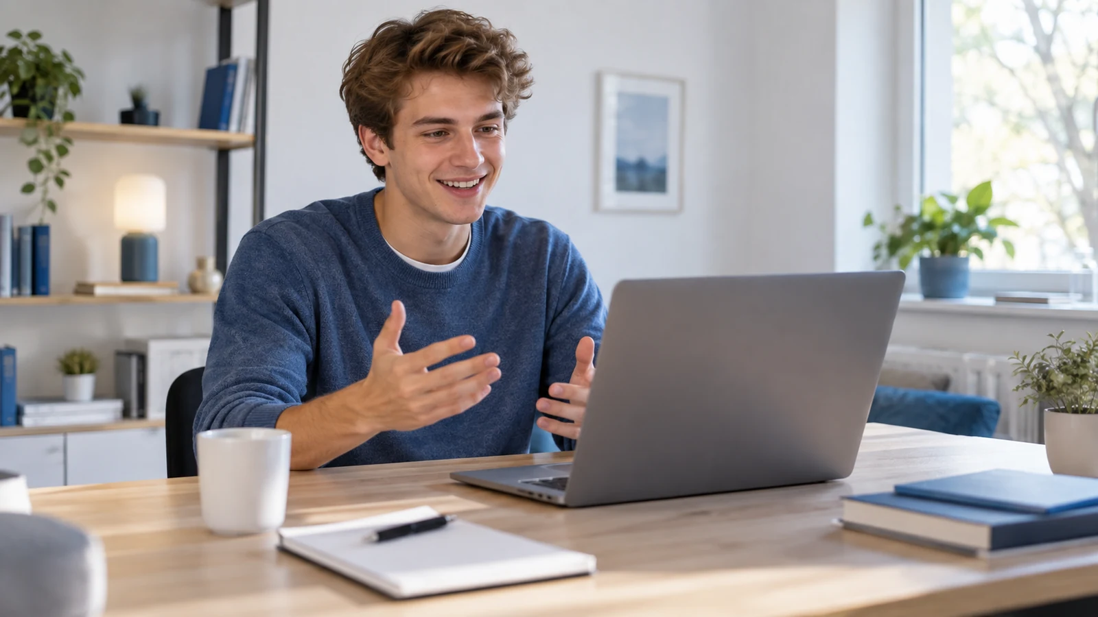 Junger Bewerber führt ein freundliches Online-Interview am Laptop, ordentlicher neutraler Raum; symbolische, nicht dokumentarische Darstellung.