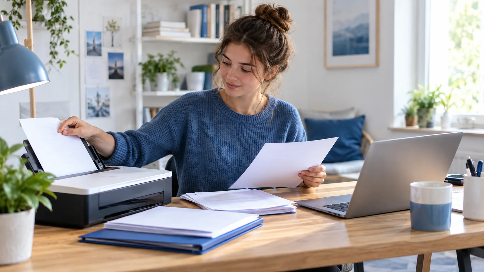 Bewerberin scannt Zeugnisse und ordnet digitale Bewerbungsunterlagen am Schreibtisch; symbolische, nicht dokumentarische Darstellung.