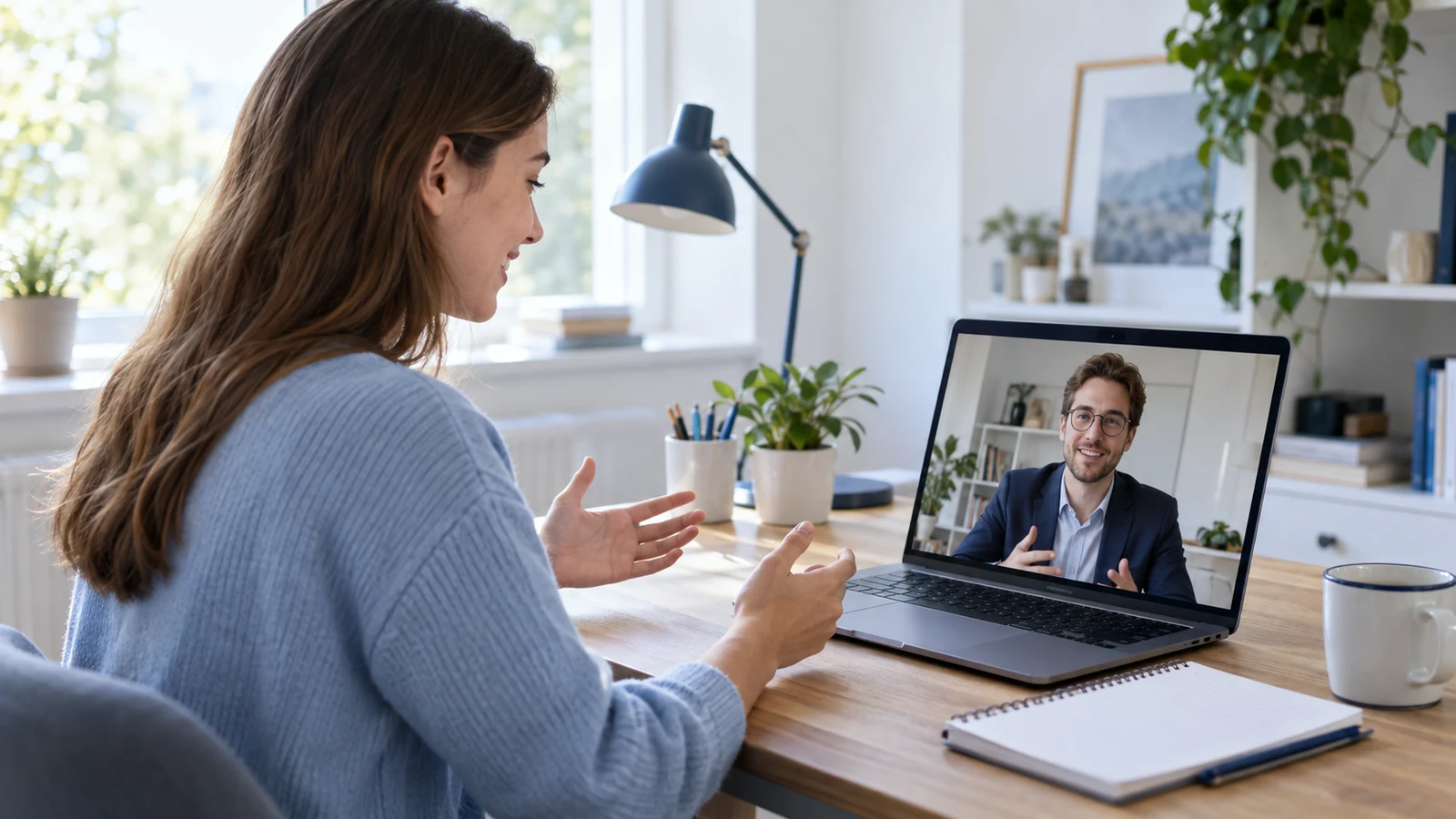 Zwei Personen sprechen in einem seriösen Online-Auswahlgespräch, offene Körperhaltung und Blickkontakt; symbolische, nicht dokumentarische Darstellung.