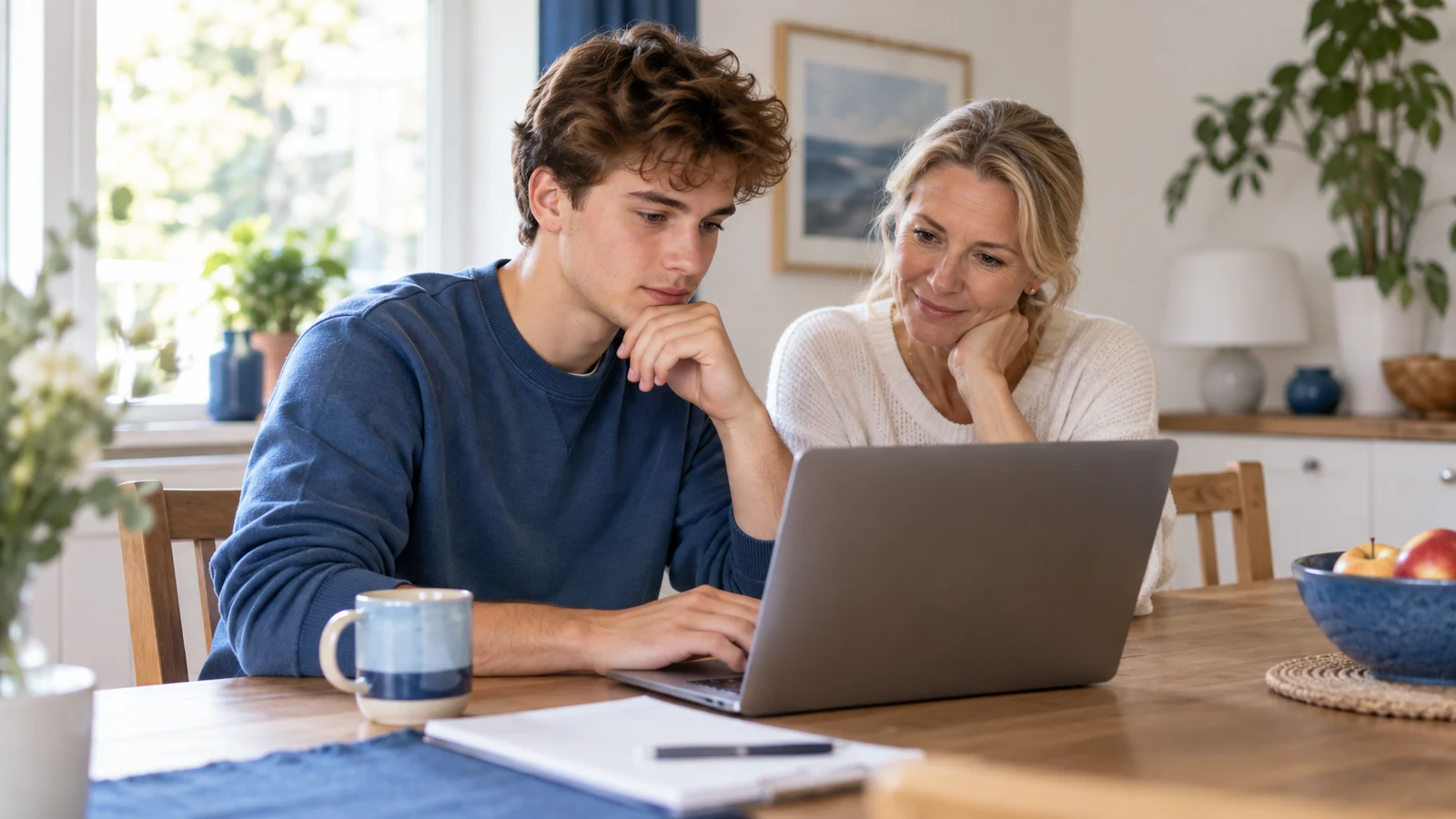 Junger Erwachsener liest aufmerksam einen digitalen Studienvertrag, Elternteil oder Vertrauensperson sitzt daneben; symbolische, nicht dokumentarische Darstellung.
