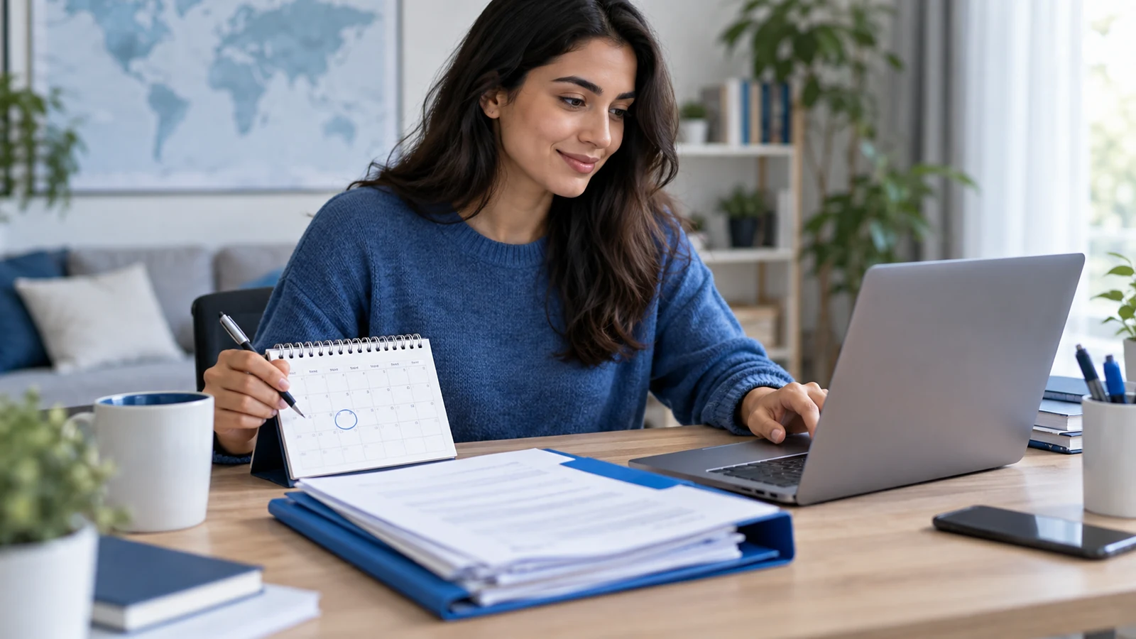 Applicant confirms an online test date while checking calendar and application documents.