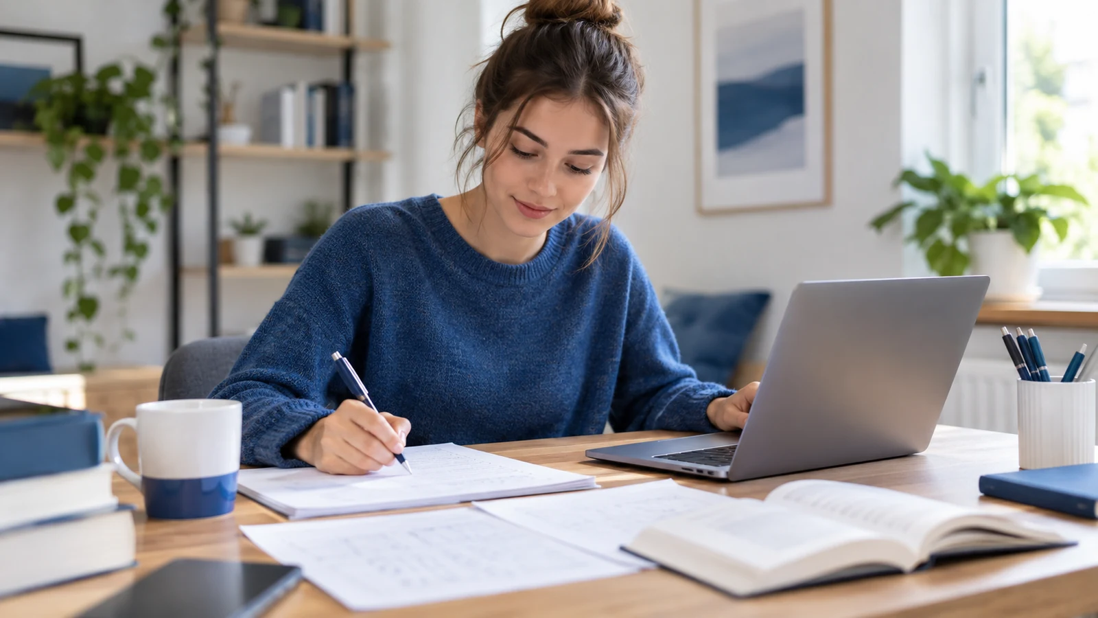 Prospective business student practises reading, arithmetic and sequence tasks at a desk.