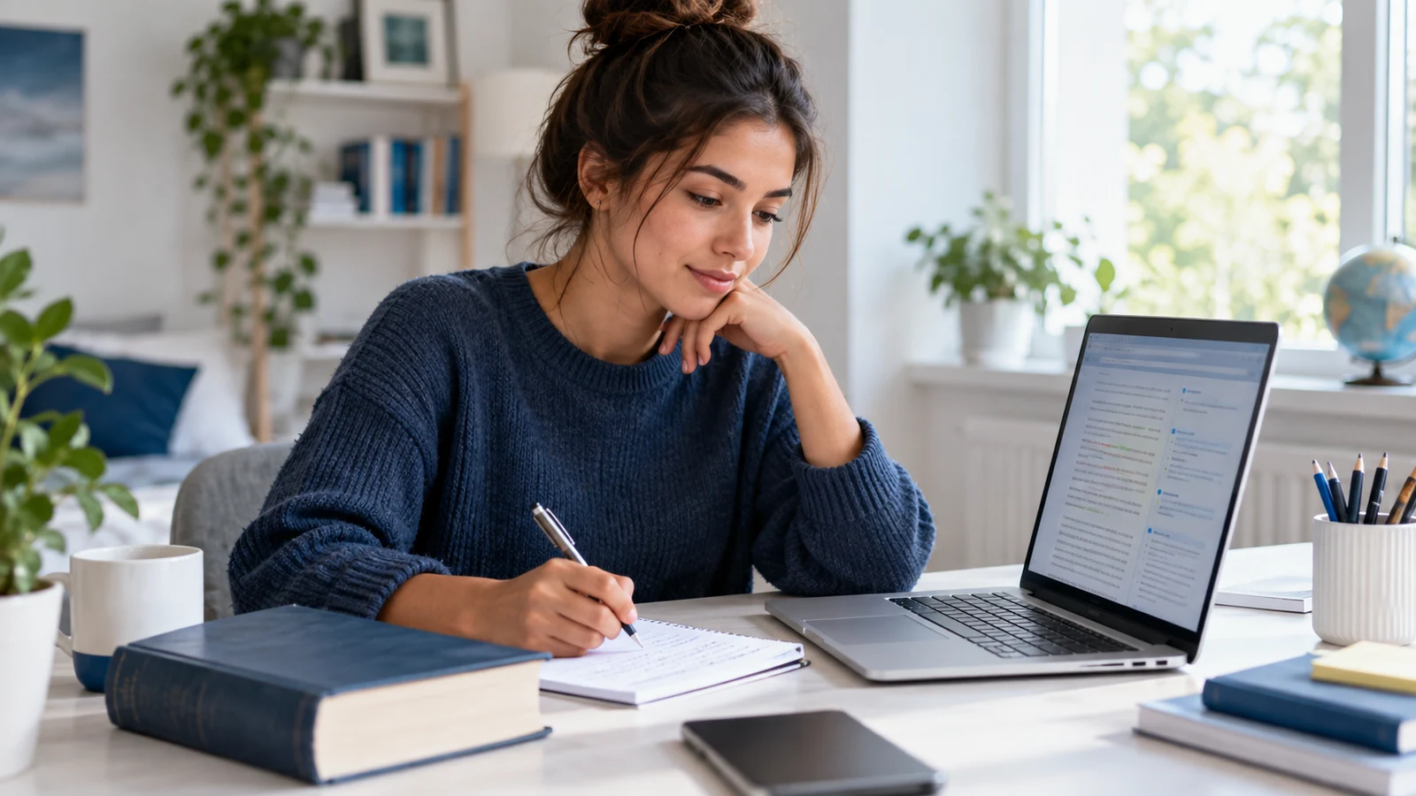Applicant writes an English essay draft while reviewing language feedback on a laptop.