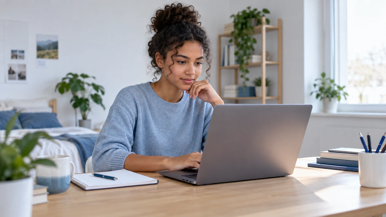 Junge Bewerberin nimmt an einem Online-Assessment am Laptop teil, aufgeräumtes Zimmer und neutrales Licht; symbolische, nicht dokumentarische Darstellung.