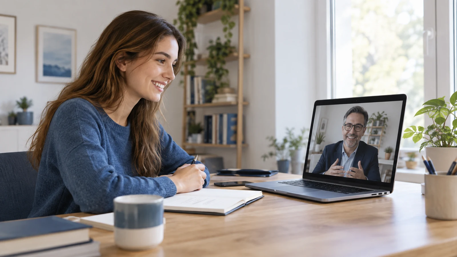 Professionelles Videointerview zwischen junger Bewerberin und Gesprächspartner, beide freundlich und konzentriert; symbolische, nicht dokumentarische Darstellung.