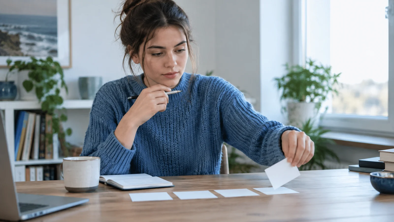 Junge Frau vergleicht mehrere Papierblätter an einem Schreibtisch.