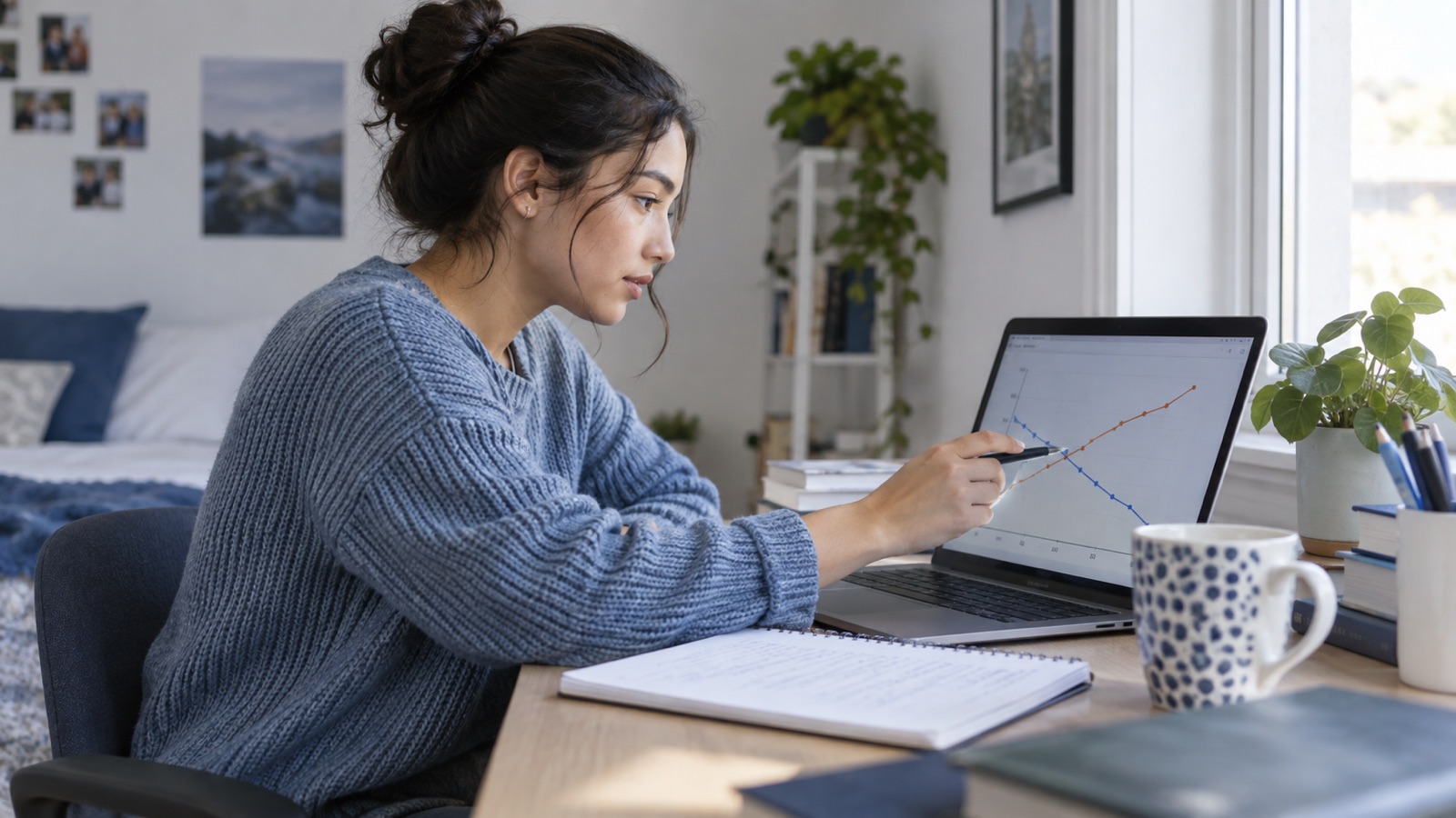 Lernende Person betrachtet zwei sich schneidende Linien am Laptop.