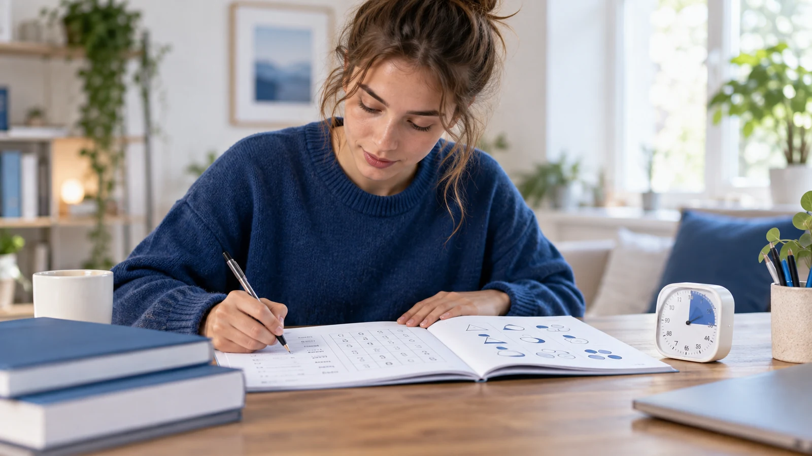 Young applicant practises verbal, numerical and visual logic tasks on a computer with a timer nearby.