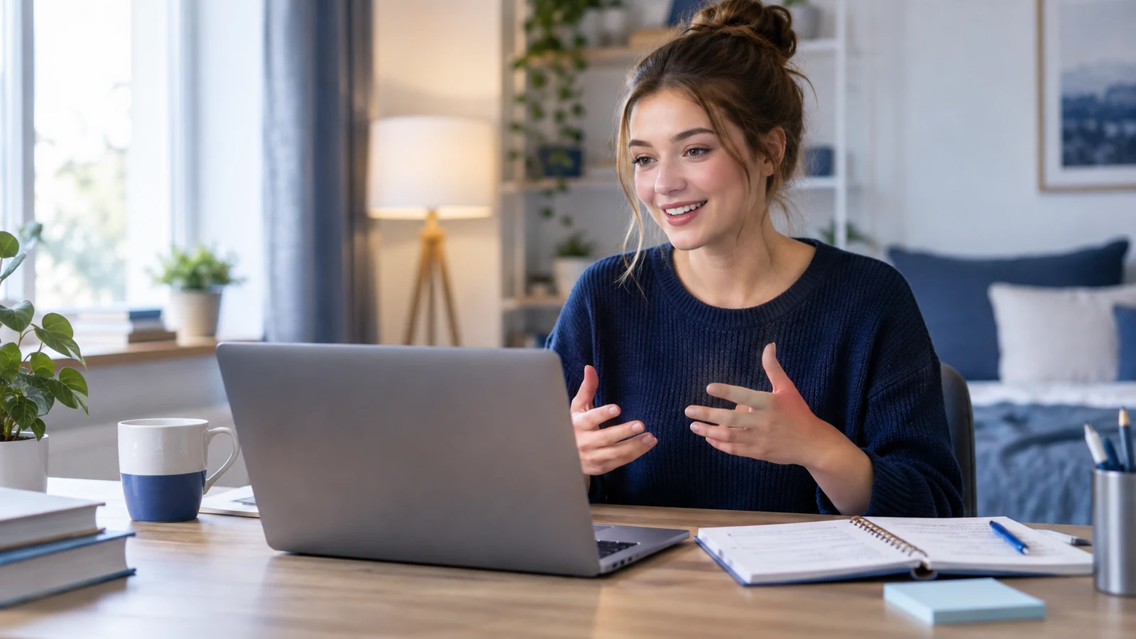 International applicant records a practice video response and reviews interview notes.