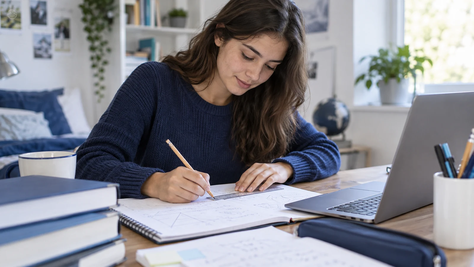 Science applicant studies algebra and geometry notes beside an online admissions test setup.