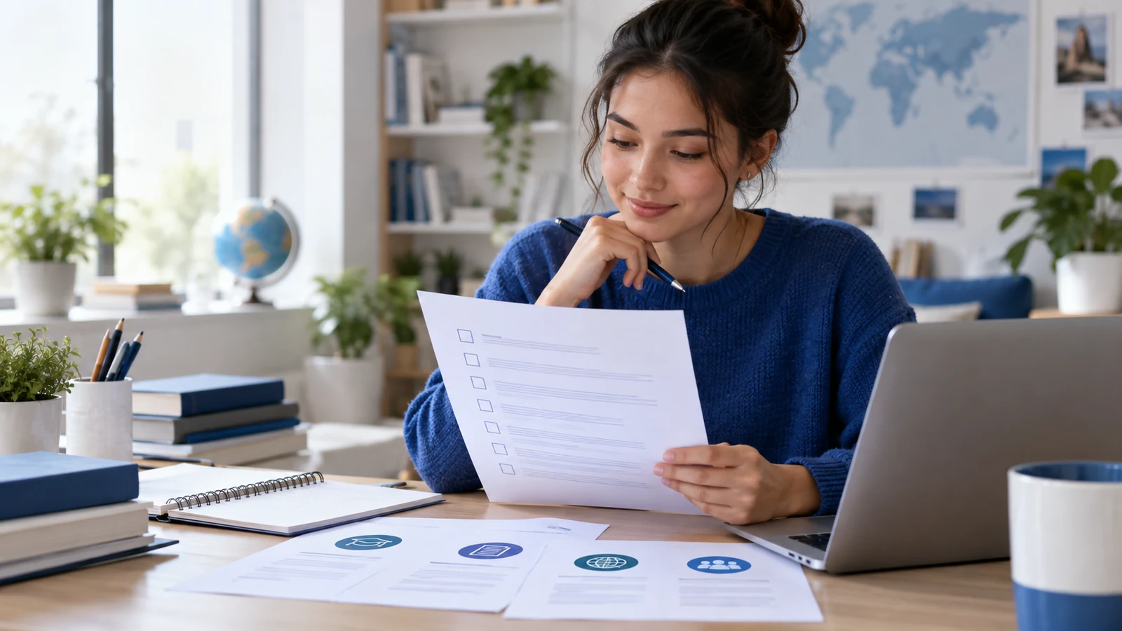 International bachelor applicant reviews an admissions checklist and test options on a laptop.