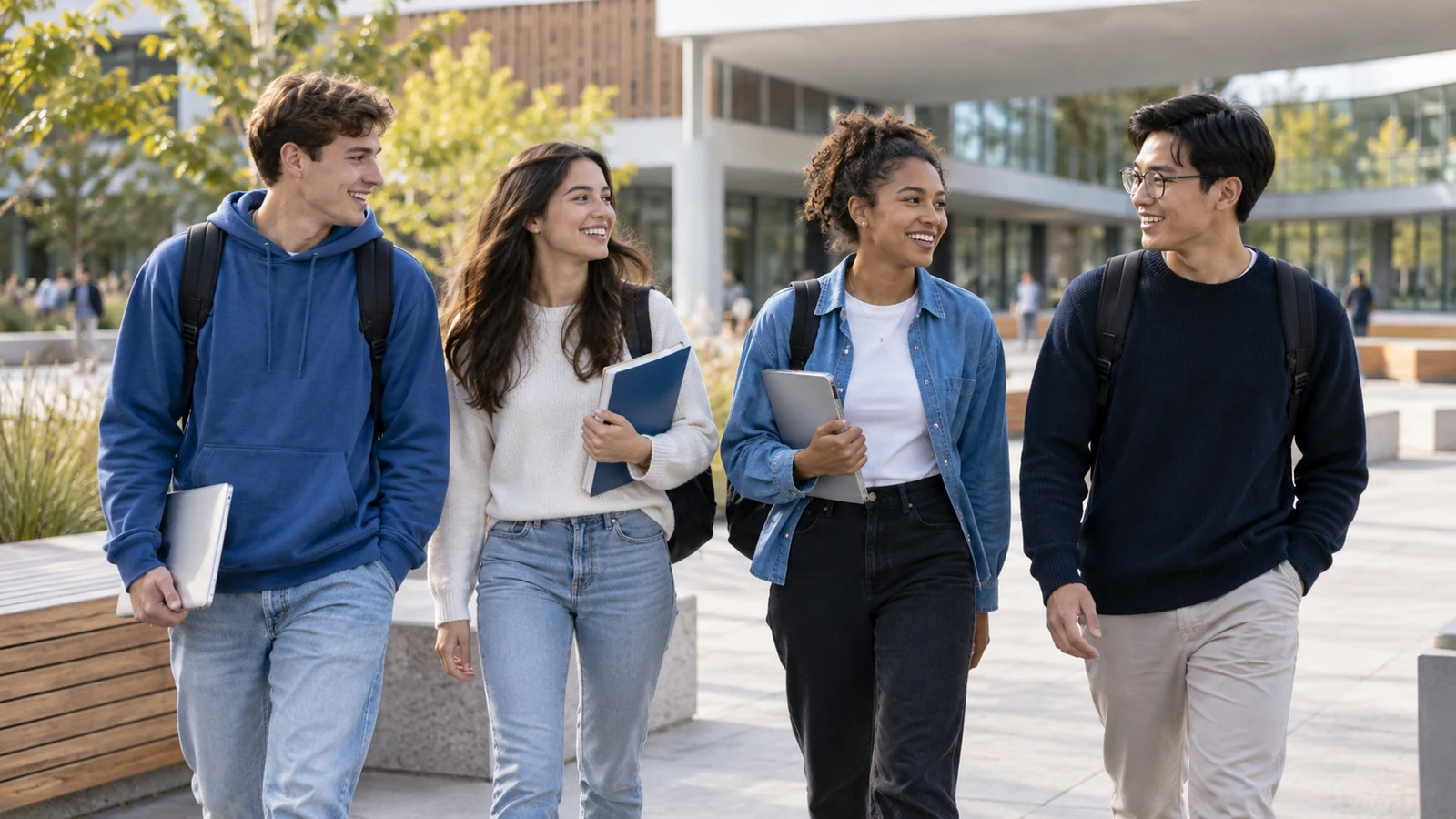 Mehrere Studieninteressierte kommen zu einem Auswahltermin auf einen modernen, generischen Campus, natürliche Alltagsszene; symbolische, nicht dokumentarische Darstellung.