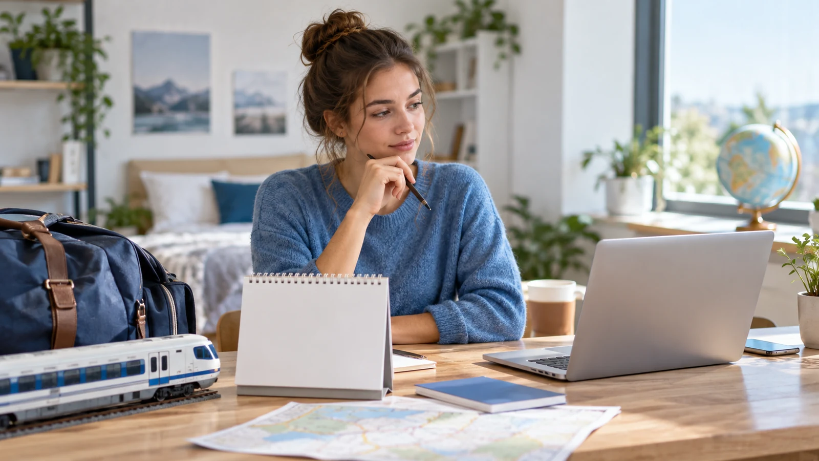 Junge Bewerberin vergleicht Zugfahrt und Online-Prüfung auf Laptop und Kalender, sachliche Entscheidungsszene; symbolische, nicht dokumentarische Darstellung.