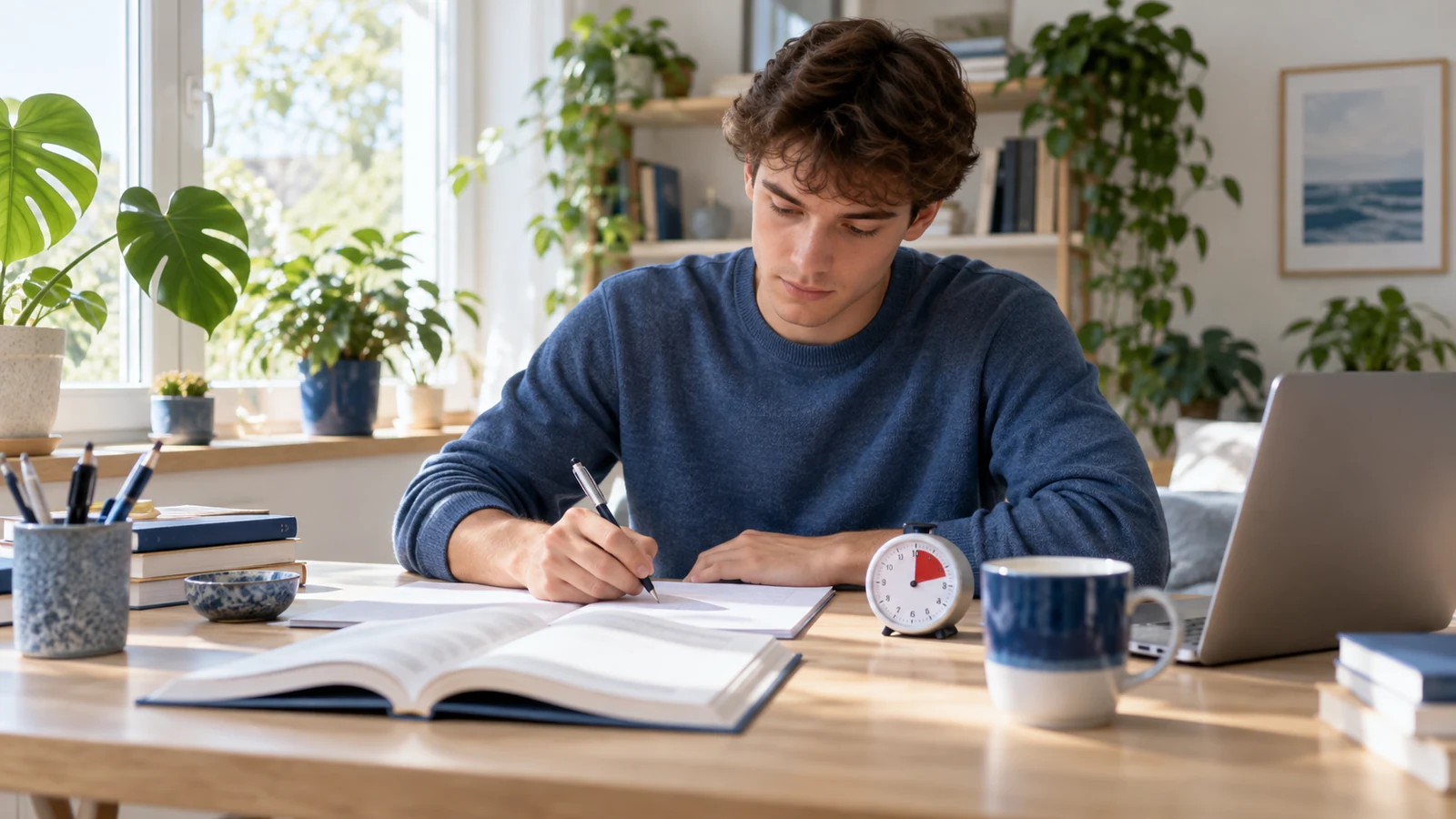 Studierender trainiert ruhig mit Beispielaufgaben und Timer, Pflanzen und Tageslicht im Hintergrund; symbolische, nicht dokumentarische Darstellung.
