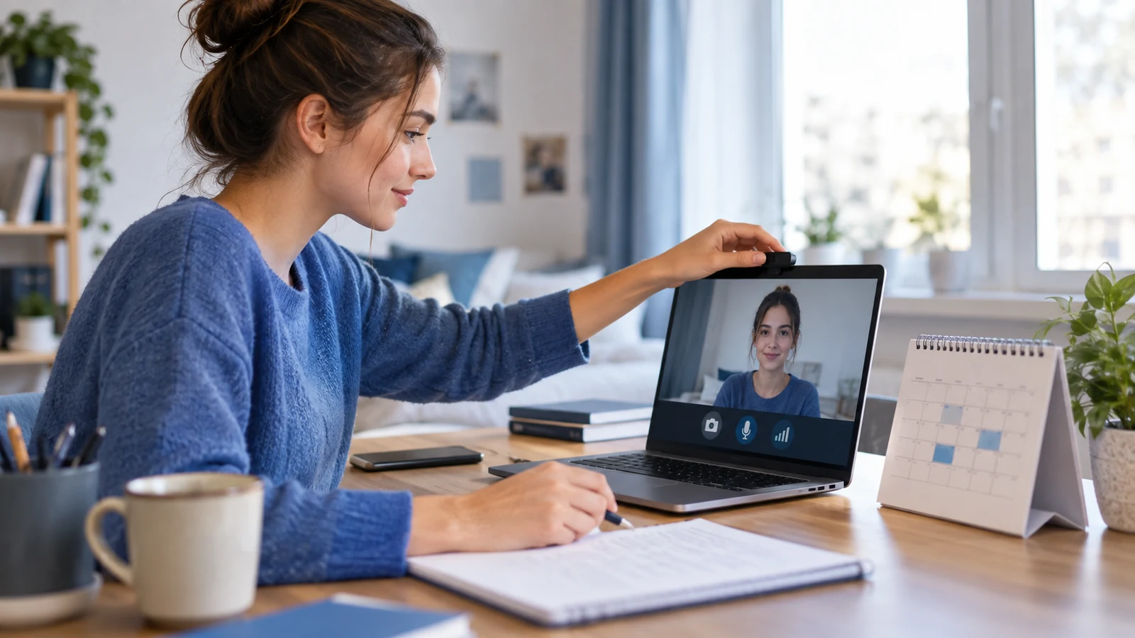 Studentin prüft Webcam, Internetverbindung und Kalender vor einem beaufsichtigten Onlinetest.