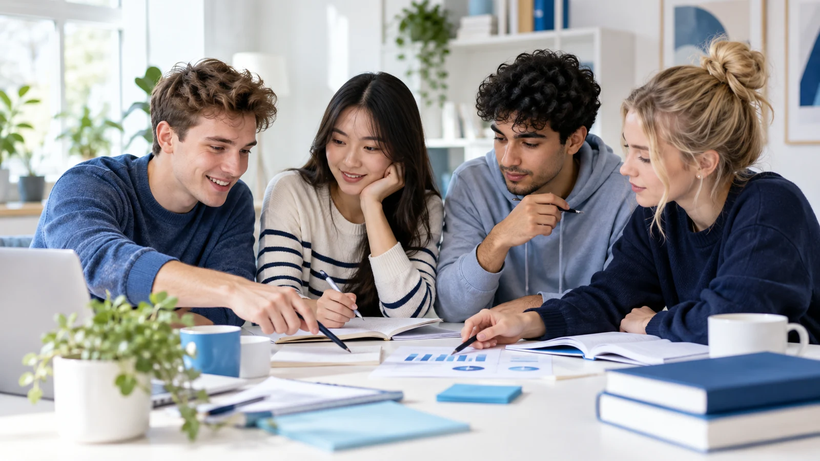 Vier Studierende üben gemeinsam Logik-, Planungs- und Diagrammaufgaben und vergleichen Lösungswege.