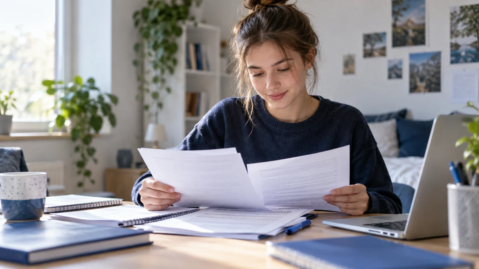 Studienanfängerin prüft Semesterbescheinigung und Bewerbungsinformationen an einem Schreibtisch.