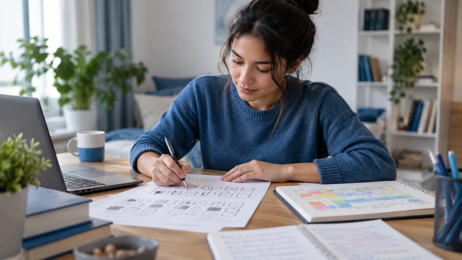 Internationaler Student übt am Computer mit Notizblock und wertet Fehler systematisch aus.
