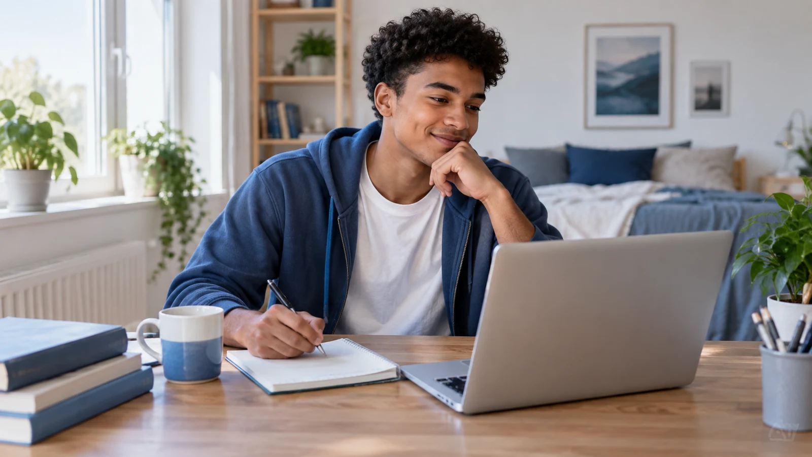 Junger Bewerber öffnet eine Ergebnis-E-Mail und plant anschließend die Einschreibung, ruhige positive Szene; symbolische, nicht dokumentarische Darstellung.