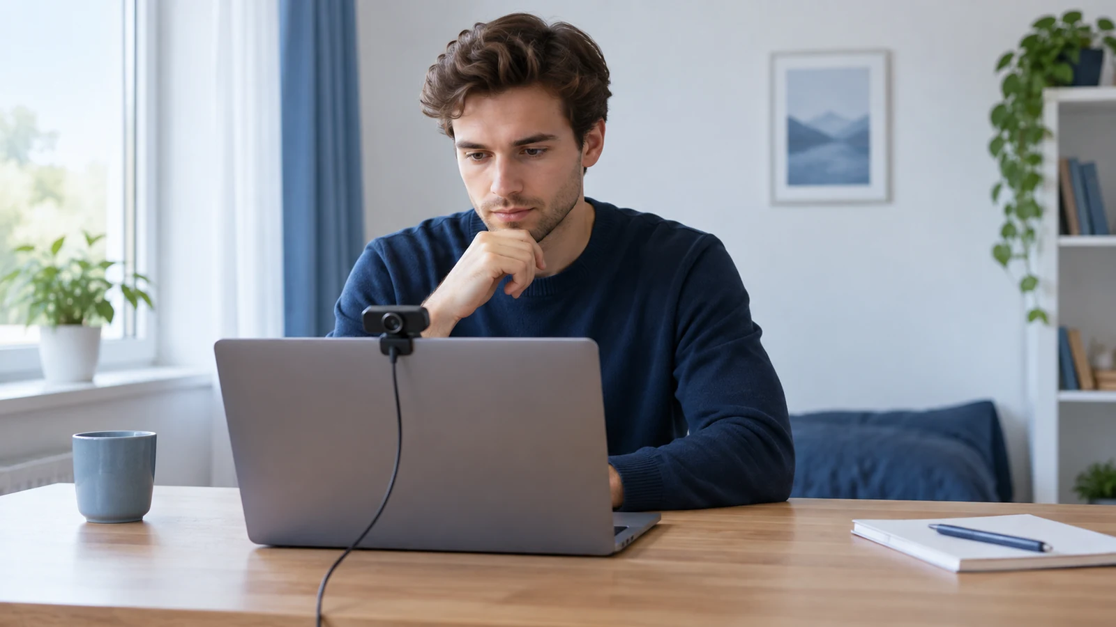 Junger Masterbewerber absolviert beaufsichtigte Online-Prüfung am Laptop, leerer Schreibtisch und Webcam sichtbar; symbolische, nicht dokumentarische Darstellung.