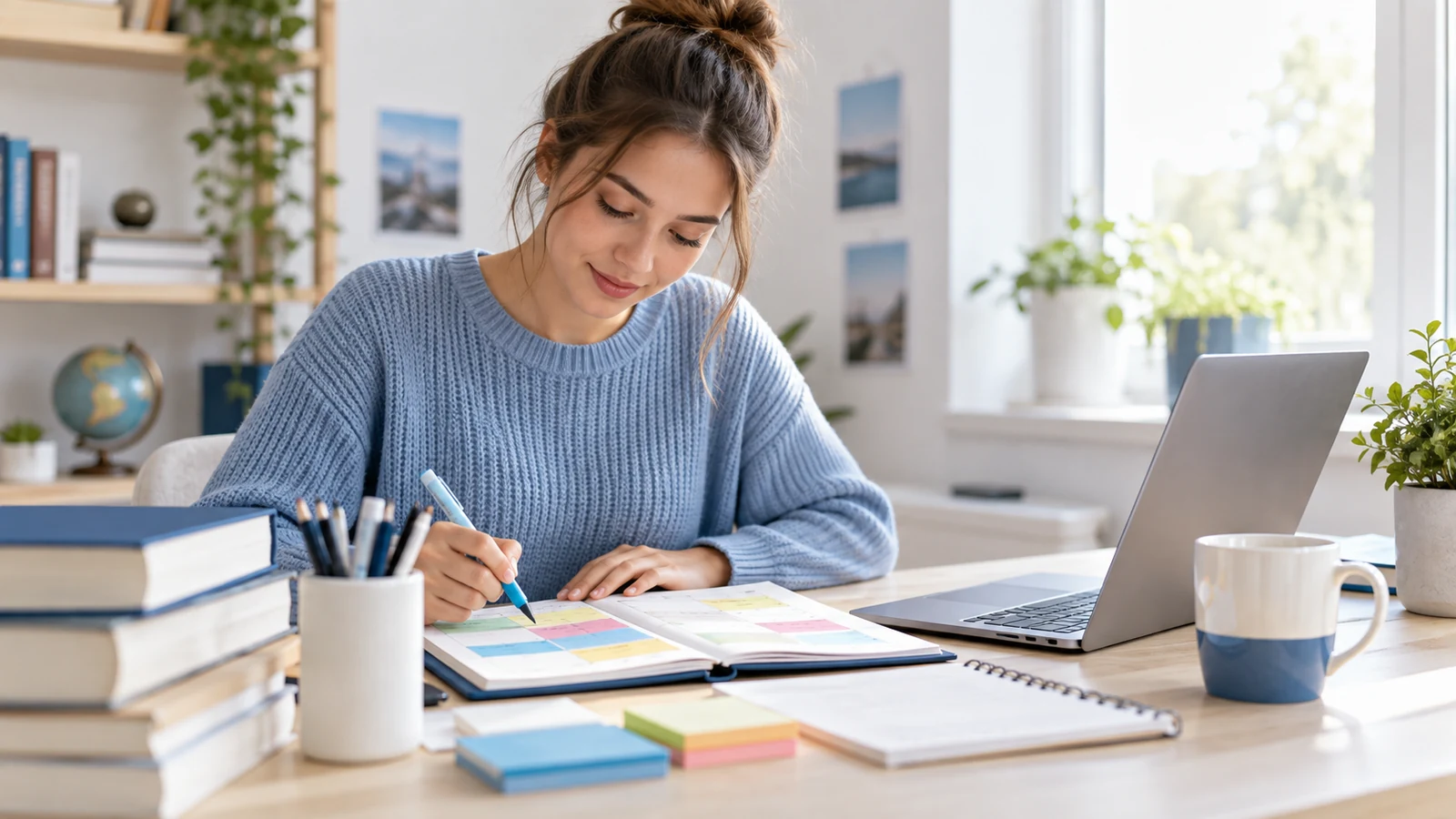 Junge Frau arbeitet an farbcodiertem Lernplan mit Mathematik und Wirtschaft, heller Schreibtisch; symbolische, nicht dokumentarische Darstellung.