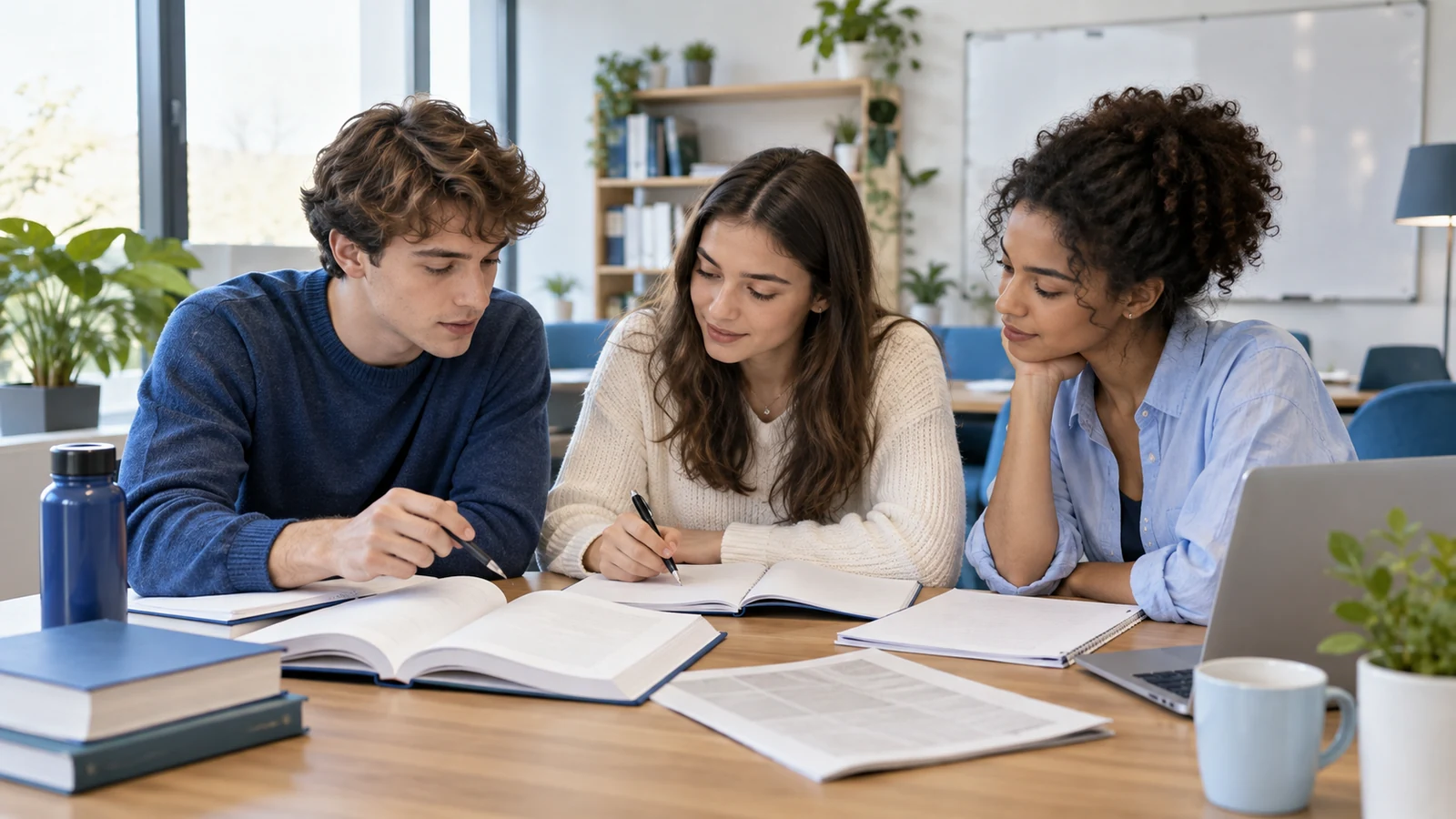 Drei Studierende lernen gemeinsam mit Wirtschaftsfachbuch, Zeitungsartikel und Mathematiknotizen, moderner Lernraum; symbolische, nicht dokumentarische Darstellung.